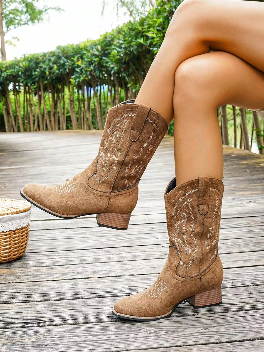 Fall/Winter Women's 2025 Spring/Autumn New Outdoor Fashion Embroidery Patchwork Slip-On Ankle Boots Western Ankle Boots, Boots For Women, Cowboy Boots