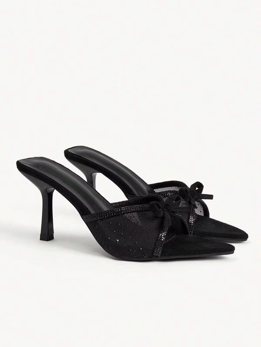 CUCCOO CHICEST Black Suede Mesh, Hot Diamond Bow, Stiletto Sandals, Women's Pointed Toes And High Heels.